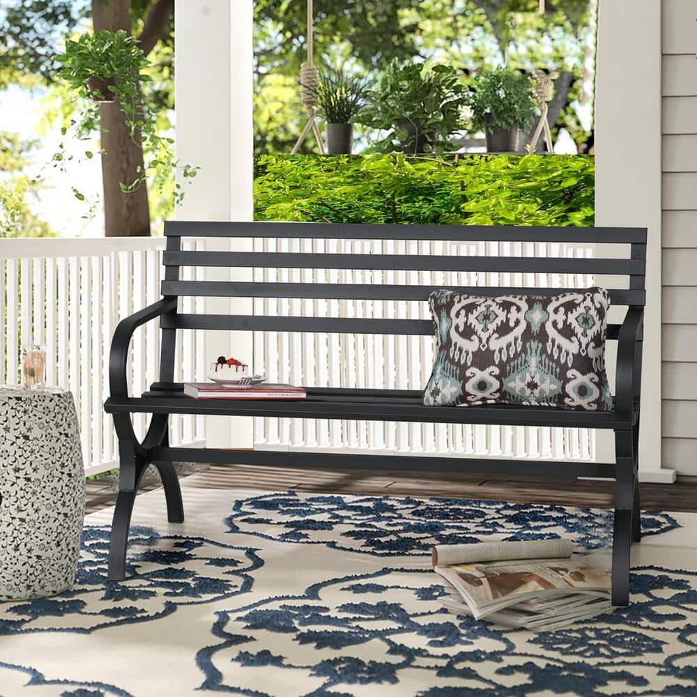 Black Steel Modern Slatted Outdoor Bench with Armrests
