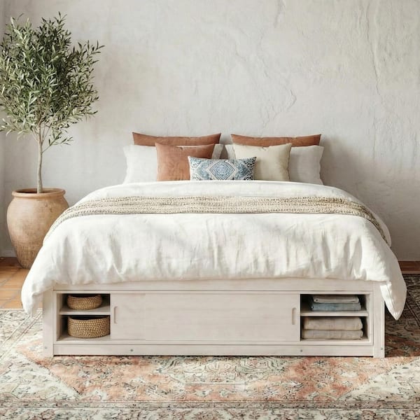 Jayse White Wood Frame Queen Size Platform Bed with 4 Storage Drawers and Footboard Storage Cubby