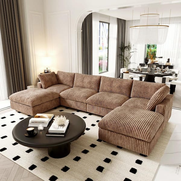 157 in. Square Arm Soft Faux Rabbit Fur Velvet 6-Piece U-Shaped Modern Comfy Cloud Modular Sectional Sofa Couch in Brown