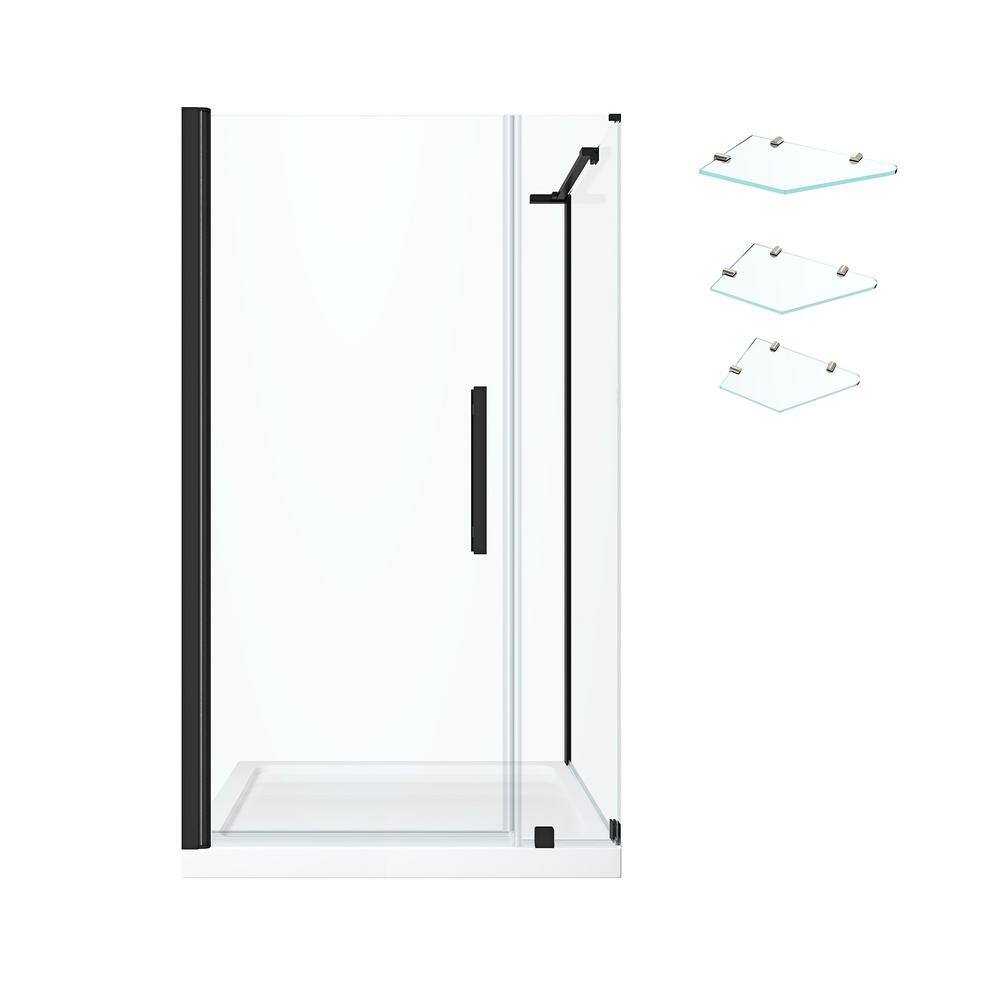 Pasadena Black Frameless Corner Shower Kit with Shelves and Pan