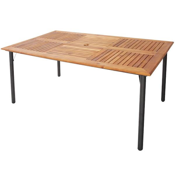Costway Patio Rectangular Acacia Wood 1.9 in. Outdoor Dining Table with Umbrella Hole Indoor and Outdoor