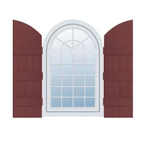 14 in. W x 89 in. H Vinyl Exterior Arch Top Joined Board and Batten Shutters Pair in Wineberry