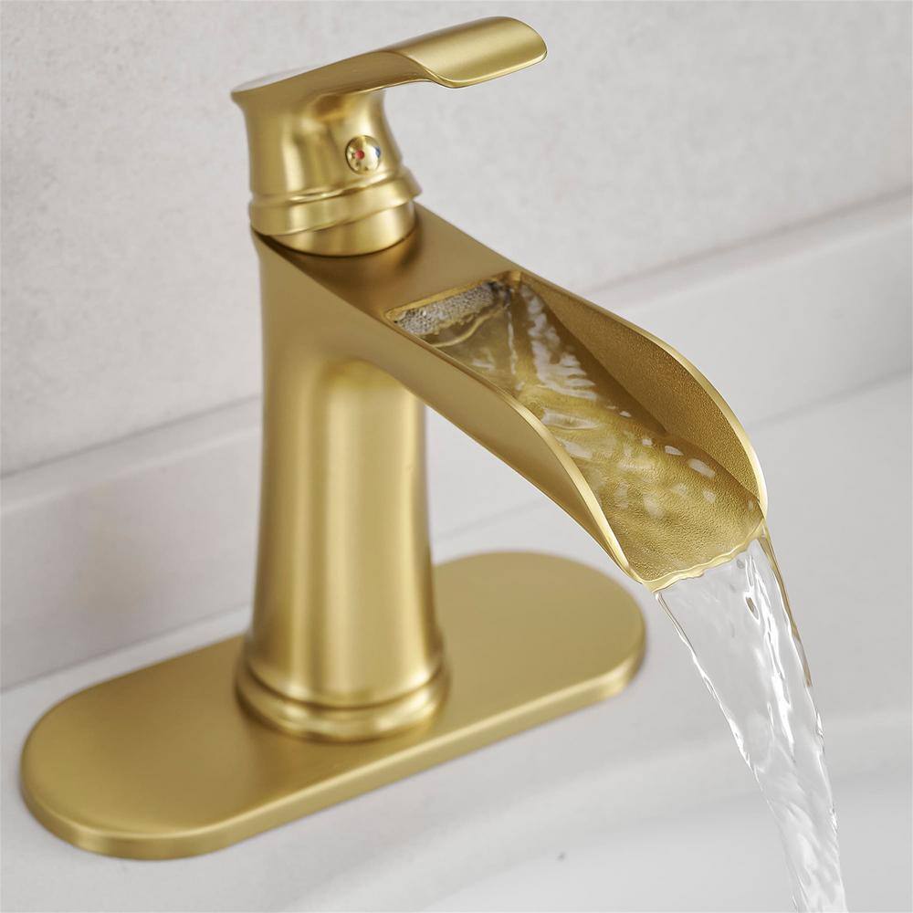 Brushed Gold Brass Waterfall Bathroom Faucet with Pop-Up Drain