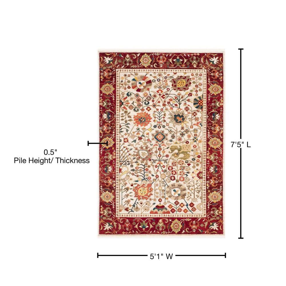 Ivory and Red Hand-knotted Synthetic Rectangular Area Rug