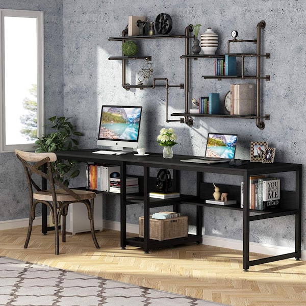 78.7 in. Rectangular Desk Black Engineered wood Computer Desk for Two Person with Shelf