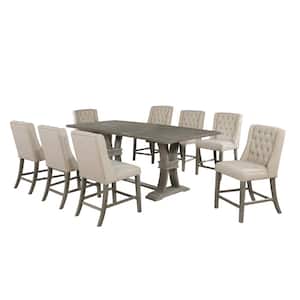 Fabiola 9-Piece Rectangular Beige Wood Top Rustic Finish Dining Table Set Linen Fabric Chairs