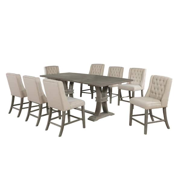 Best Quality Furniture Fabiola 9-Piece Rectangular Beige Wood Top Rustic Finish Dining Table Set Linen Fabric Chairs