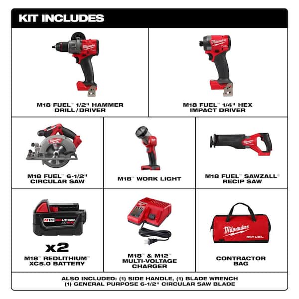 M18 FUEL 18V Lith-Ion Brushless Cordless Combo Kit (5-Tool) w/ Two 5.0 Ah Batteries, 1 Charger and 1/2 in. Impact Wrench