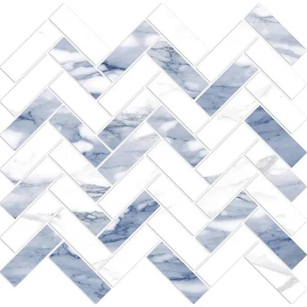 Veneto 4 in. x 5 in. Polished White with Blue-Gray Porcelain Herringbone Wall and Floor Tile Sample