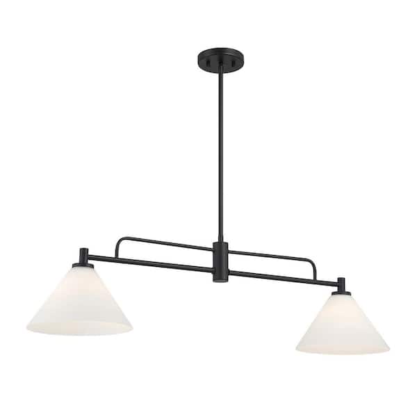 Meridian 10 in. W x 10 in. H 2-Light Matte Black Transitional Chandelier with White Opal Glass Shades