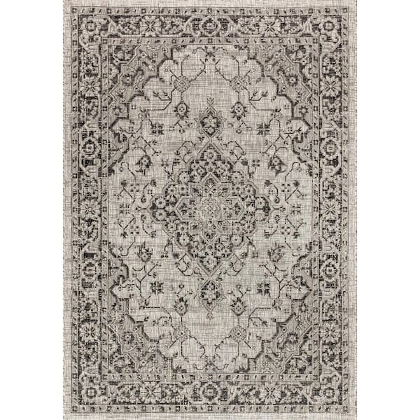 Rozetta Boho Medallion Textured Weave Gray/Black 9 ft. x 12 ft. Indoor/Outdoor Area Rug