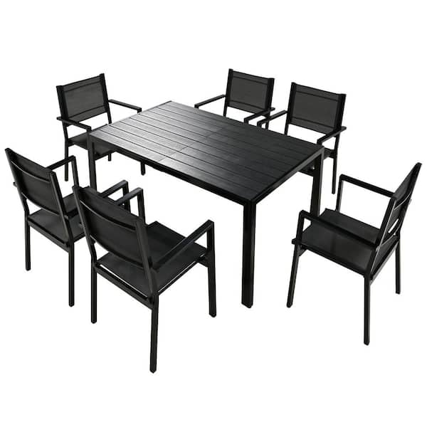 7-Piece Plastic Outdoor Dining Set, Patio 6-Person Patio Furniture Seating Set for Garden, Balcony and Backyard, Black