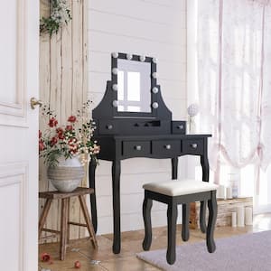 Modern Black Wooden Vanity Makeup Table Sets With Rectangle LED Light Mirror and Stool