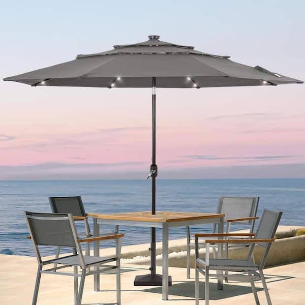 10 ft. LED 3-layer Patio Market Umbrella with UPF50+, Tilt Function and Wind-Resistant Design in Gray