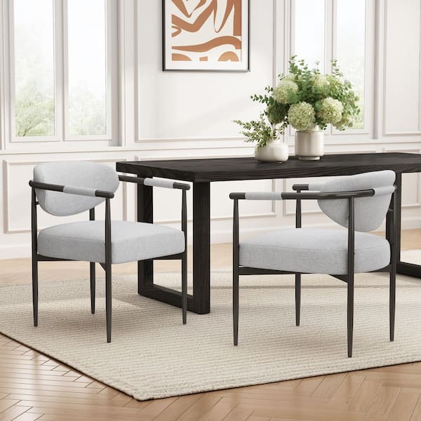 Modern Beige Polyester Upholstered Dining Chairs Arm Chairs with Bronze Iron Frame Set of 2