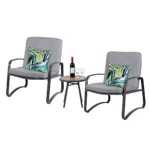 3-Piece Metal Patio Conversation Set with Gray Cushions, Porch Chairs and Tempered Glass Table