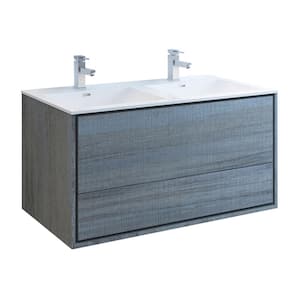 Catania 48 in. Modern Double Wall Hung Bath Vanity in Ocean Gray with Vanity Top in White with White Basins
