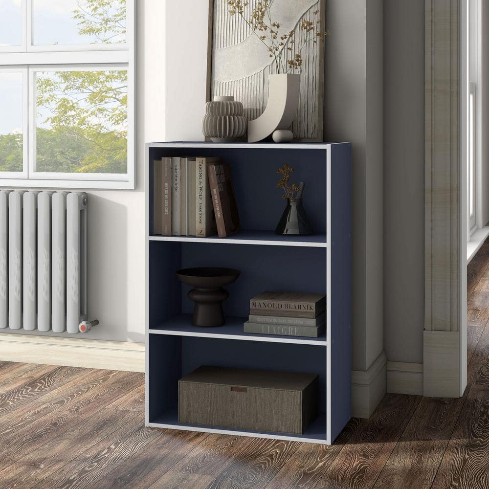 Furniture of America Quincy 35.27 in. Tall Stackable Steel Blue Engineered Wood 3-Shelf Modern Modular Bookcase