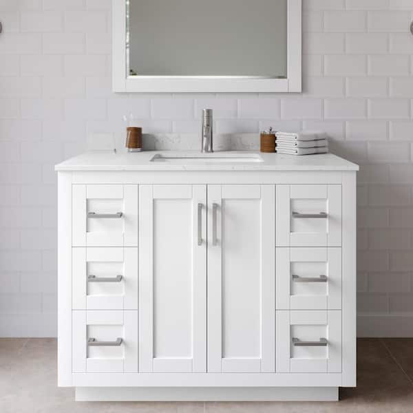 Wyndham Collection Miranda 42 in. W Single Bath Vanity in White with Cultured Marble Vanity Top in LV Carrara with White Basin and Mirror