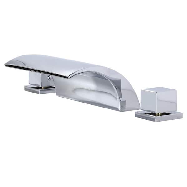 Double-Handle Tub Deck Mount Roman Tub Faucet Waterfall Bathtub Filler in Polished Chrome