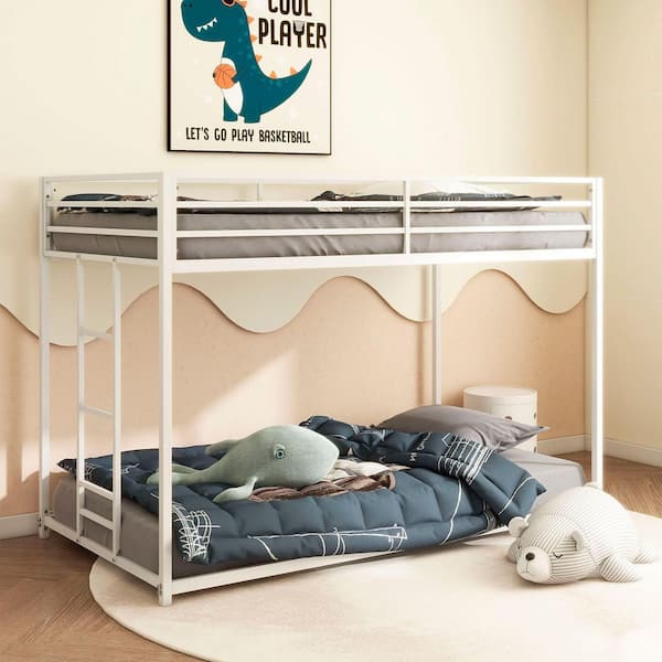 White Metal Twin Over Twin Bunk Bed for Kids and Adult, Low Profile and Easy Climbing with Stable Ladder