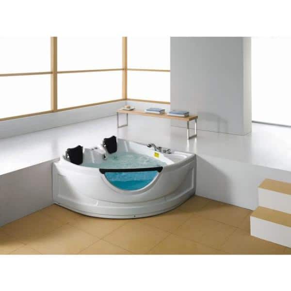 60'' White Acrylic Corner Whirlpool Bathtub with Glass Panel
