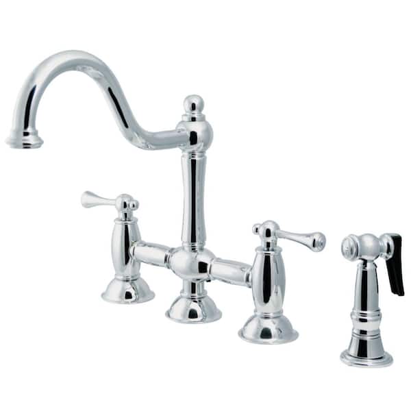 Kingston Brass Restoration 2-Handle Bridge Kitchen Faucet with Side Sprayer in Polished Chrome
