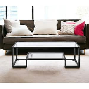 54 in. Black Rectangle Glass Coffee Table with Shelves Storage