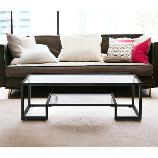 HomeRoots 54 in. Black Rectangle Glass Coffee Table with Shelves Storage
