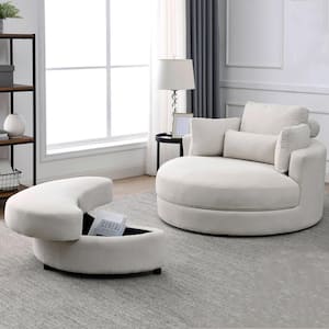 51 in. Swivel Accent Barrel Sofa Linen Fabric Lounge Club Big Round Chair with Storage Ottoman and Pillows, Beige