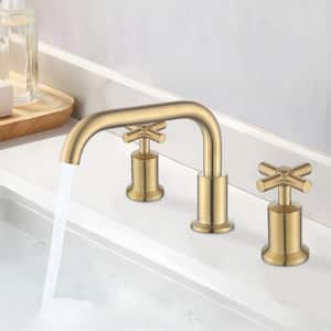 Modern 8 in. Widespread Double Handle 360° Swivel Spout Bathroom Faucet with Drain Kit Included in Brushed Gold