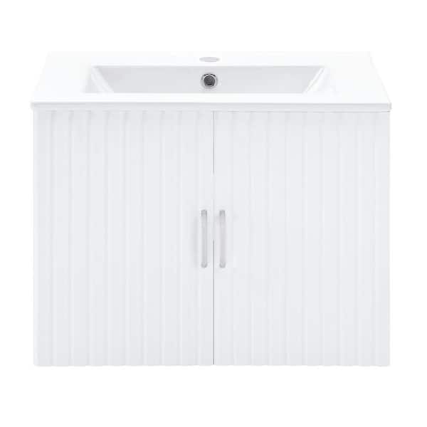 FUNKOL 24 in. MDF Hanging White Bathroom Vanity Cabinet with White Sink and Soft-Close Doors
