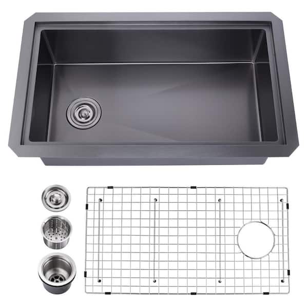 32 in. Drop-in/Undermount Single Bowl 18-Gauge Gunmetal Stainless Steel Kitchen Sink with Bottom Grids in Matte Black