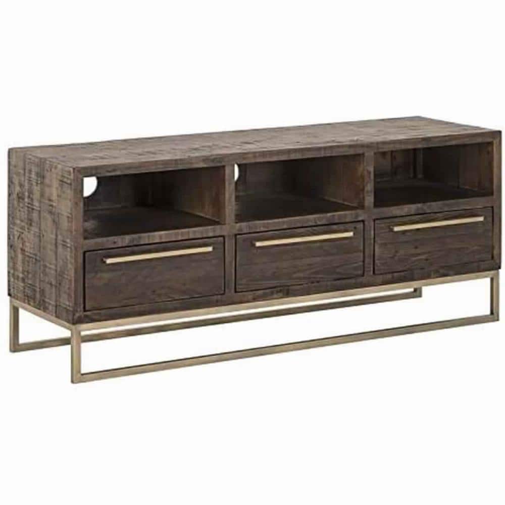 Transitional Reclaimed Pinewood TV Console with Drawers, Brown and Gold