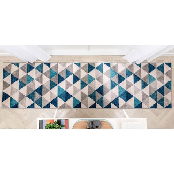 Mystic Alvin Blue Mid-Century Modern Geometric 2 ft. 7 in. x 9 ft. 10 in. Runner Rug