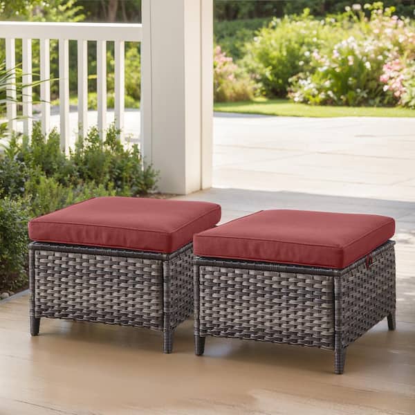 moosprr Gray Wicker Outdoor Ottoman with Red Cushions (2-Pack)