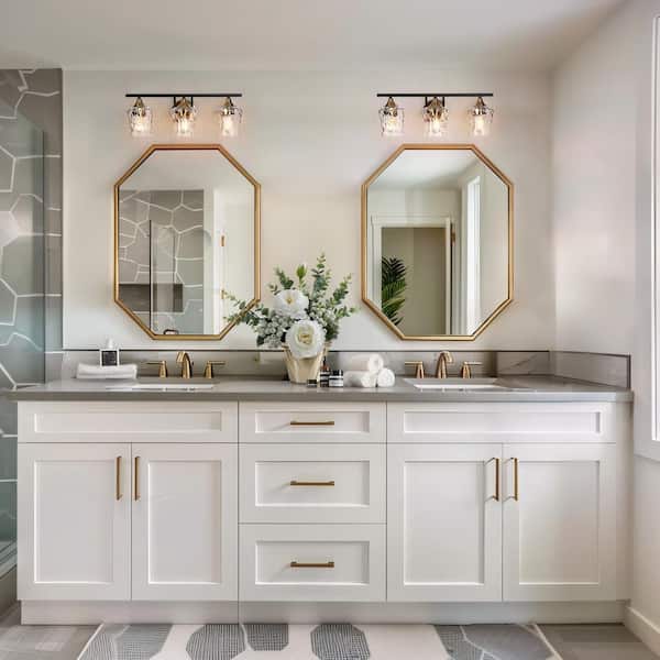 20 in. Modern 3-Light Black Wall Sconce Brass Gold Transitional Bath Lighting Water Glass Shade Bathroom Vanity Light