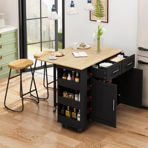 Unbranded MDF Kitchen Cart with 2-Door Cabinet, Spice Rack, Drop Leaf, Towel Rack and Minimalist Bar Stools