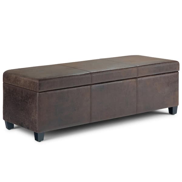 Simpli Home Avalon 48 in. Contemporary Storage Ottoman in Distressed Brown Faux Air Leather