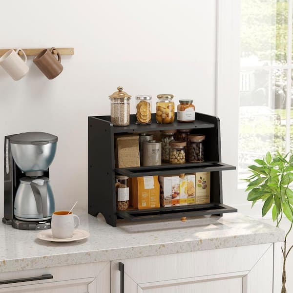 2 Piece Double Layer Large Bread Box with Windows Wooden Farmhouse Bread Holder Kitchen Countertop Set Black