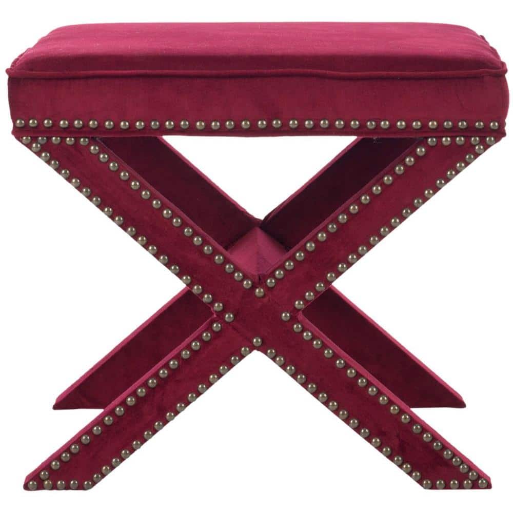 Palmer Red Velvet Ottoman with Brass Nailhead Trim