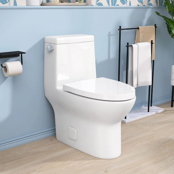 12 in. 1-Piece 1.28 GPF Single Flush S-Trap Round Toilet in White with Siphonic Tornado Flushing and Soft-Close Seat