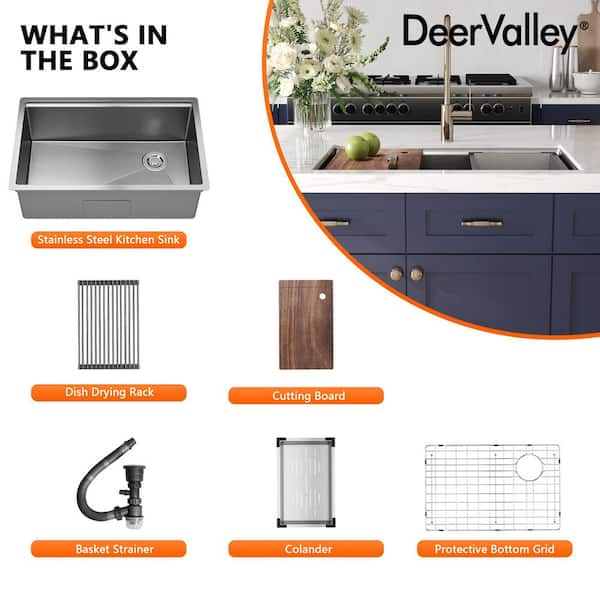 30 in. Undermount Single Bowl 18 Gauge Sliver Stainless Steel Workstation Kitchen Sink with Bottom Grids