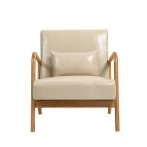 Mid-Century Cream Wood Frame Faux Leather Upholstered Accent Arm Chair With 1 Pillow(set of 1)