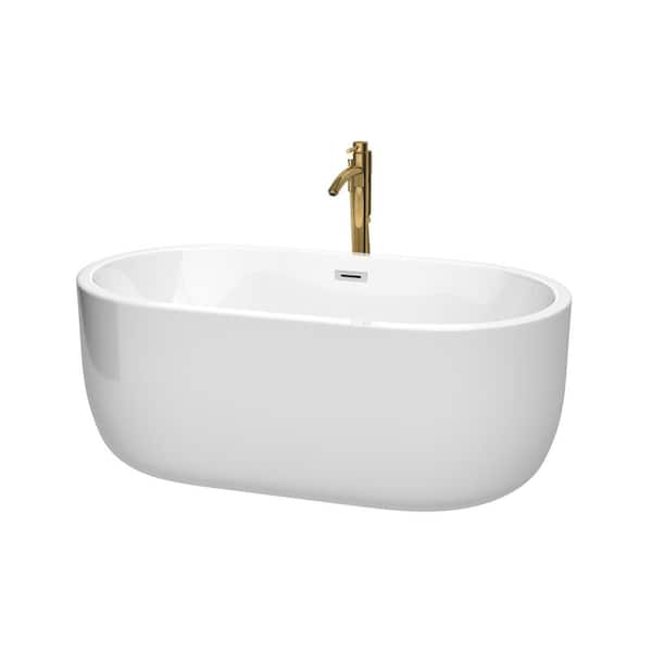 Wyndham Collection Juliette 60 in. Acrylic Flatbottom Bathtub in White with Polished Chrome Trim and Brushed Gold Faucet