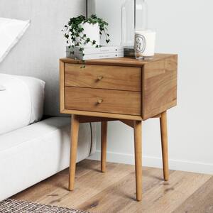 Harper Mid-Century Brown Oak Wood Nightstand with 2-Drawers Small Side Table or End Table with Storage