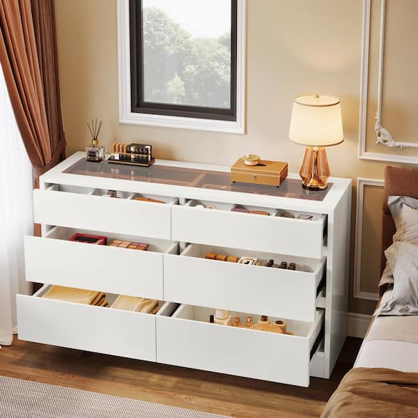 BYBLIGHT White 6 Drawer 55.12 in. Wide Chest of Drawers with Jewelry Display Storage, Modern Double Dresser with Glass Top