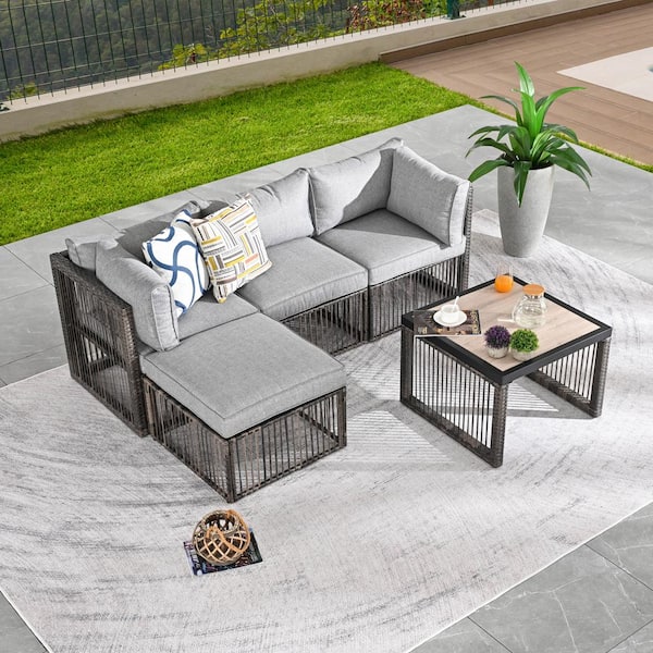 Patio Festival 5-Piece Wicker Patio Conversation Sectional Seating Set with Gray Cushions