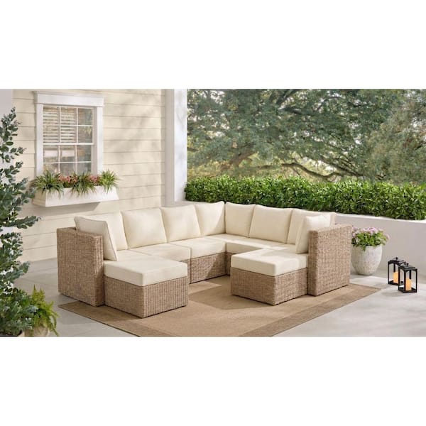 Crystal Ridge Wicker Outdoor 8-Piece Modular Sectional Sofa Set with Almond Cushion Guard Cushions