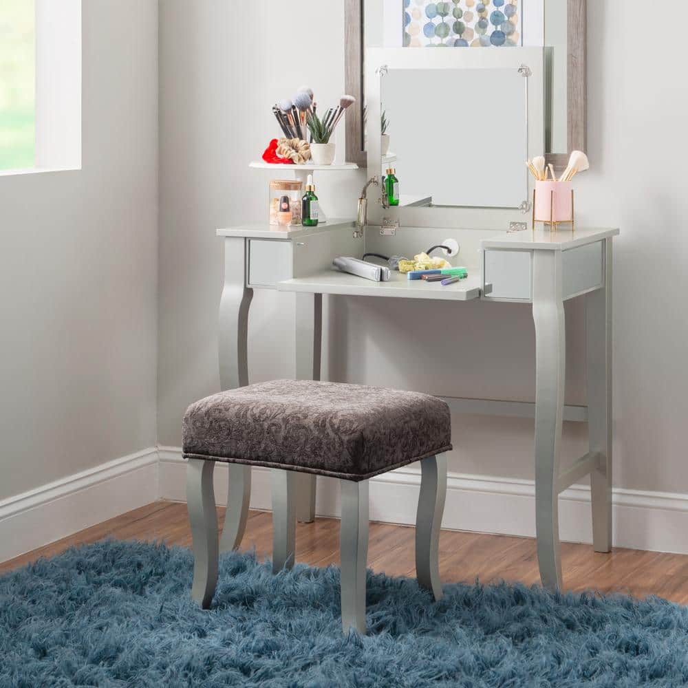 Harper Glam Silver Vanity Set with Flip-up Mirror and Gray Velvet Stool